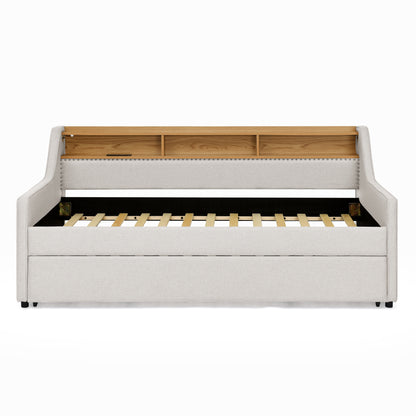 Twin Size Upholstery Sofa Bed with Three LED lights, with Storage Adjustable Headboard, with Foldable Leg Pull up Trundle Bed and Wireless Charging, Linen Padded Sofa Bed frame, Beige image 8