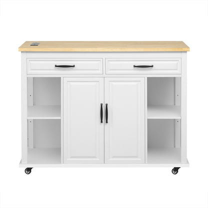 K&K 47 inch Kitchen Island with Extendable Dining Table, Rubber Wood Veneer Kitchen Table with Internal Storage Rack, Power Outlet, Kitchen island with Storage 2 Drawers 2 Cabinet,White image 8
