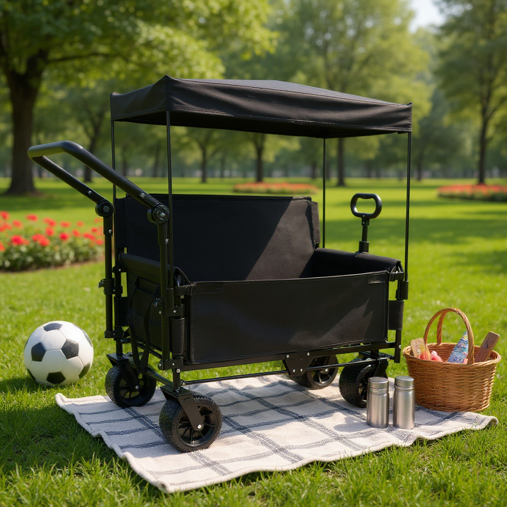 3-in-1 Folding Wagon Cart with Bench Seat & Canopy & Storage, 500lbs Heavy-Duty, 180L Capacity, All-Terrain Wagon for Camping, Beach, Sports, & Garden, Black image 3