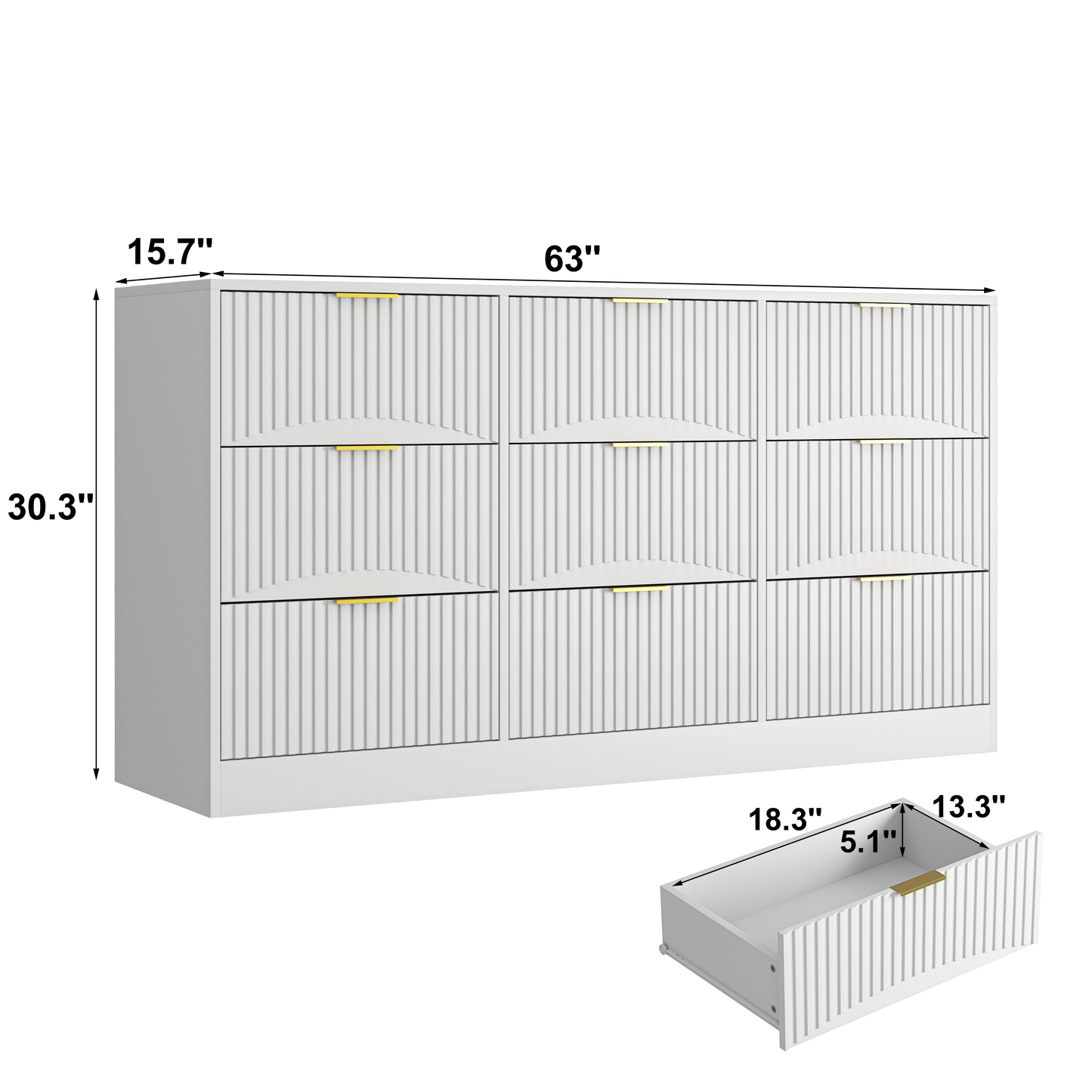 White 9 Drawer Dresser, 63" Large Deep Chest of Drawers, Wooden Dresser Storage Cabinet with 9 Drawers for Bedroom, Long Dressers for Living Room, Hallway, Drawer panel with wavy patterns image 3