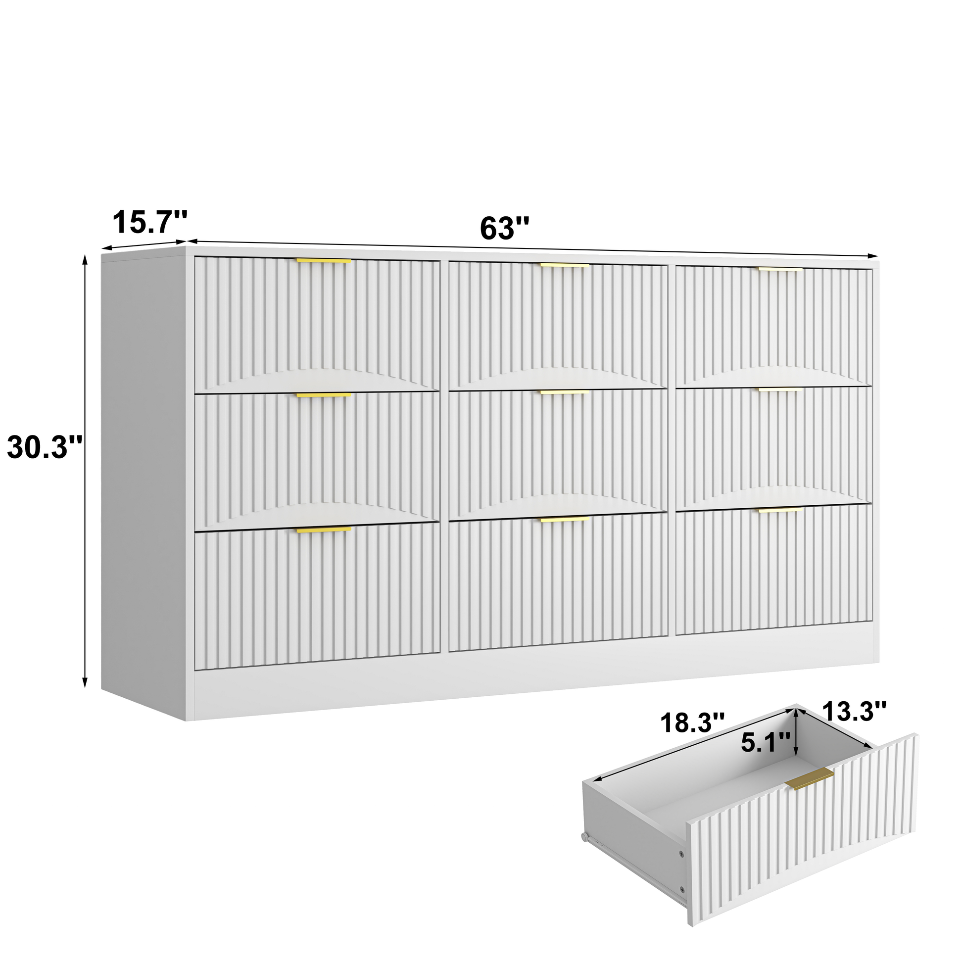 White 9 Drawer Dresser, 63" Large Deep Chest of Drawers, Wooden Dresser Storage Cabinet with 9 Drawers for Bedroom, Long Dressers for Living Room, Hallway, Drawer panel with wavy patterns image 3