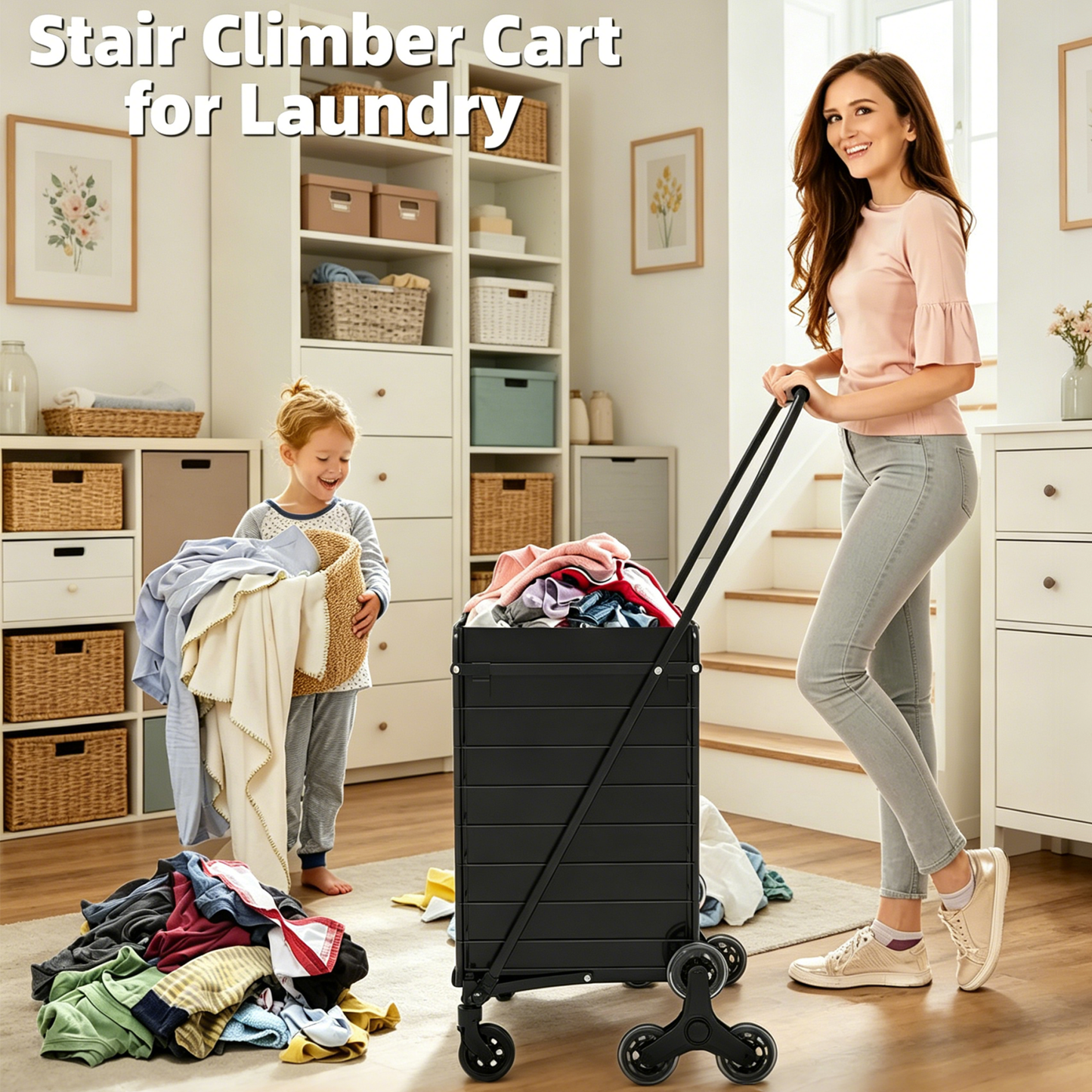 Shopping Cart to Go Upstairs,Shopping Cart on Wheels, Foldable Utility Shopping Carts with 360° Rolling Swivel Wheels for Groceries Laundry image 5