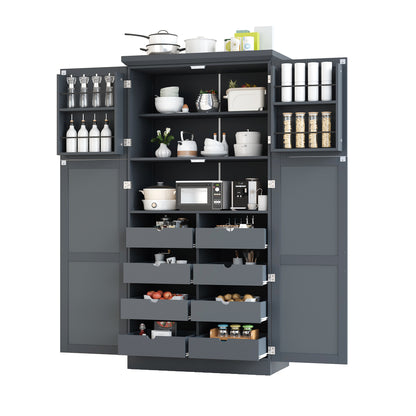 [Assembly Video Provided] TOPMAX 35.5x17.6x70.9inch Freestanding Kitchen Pantry Cabinet, Tall Storage Cabinet with 4 Doors, 2 Door Shelves, 8 Pull-out Trays and Adjustable Shelf for Dining Room, Gray image 12