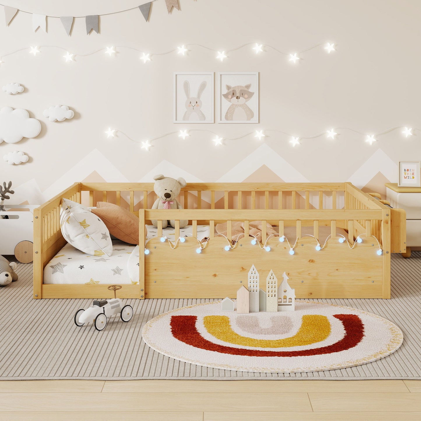Full Montessori Floor Bed Frame with High Rails, Wood Kids Floor Beds with Light and Storage Shelf, Natural (Expect Arrival Date 2025/8/15) image 4