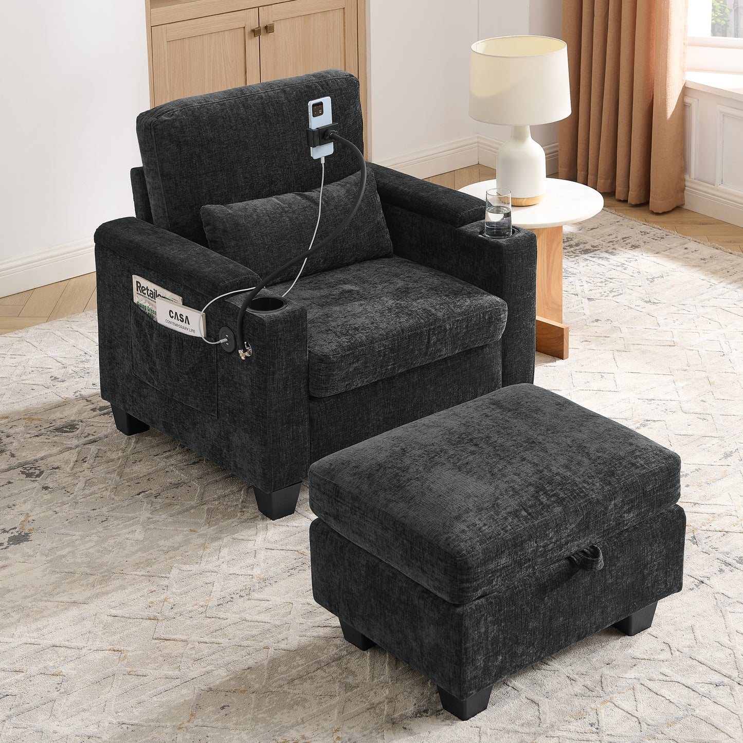 Single sofa recliner with manually adjustable backrest, USB charging port on the armrest side, phone stand included, hidden armrest storage, and a matching storage ottoman-Black image 2