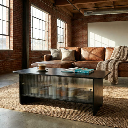 47" Coffee Table With Storage, Rectangular Modern Minimalist Center Table, Fluted Glass Sliding Doors For Living Room Bedroom Guest Room, Black. image 6