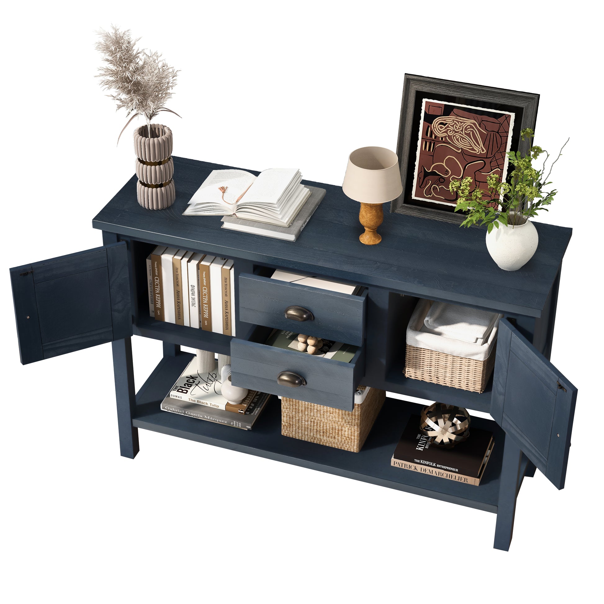 46'' Solid Wood Sideboard Console Table with 2 Drawers and Cabinets and Bottom Shelf, Retro Style Storage Dining Buffet Server Cabinet for Living Room Kitchen Dining Room(Navy Blue) image 6