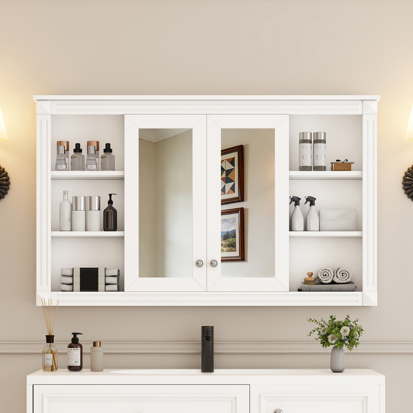 47 Inch Bathroom Mirror Cabinet with Storage, Adjustable Shelf and Open Shelves, Wall Mounted Medicine Cabinet for Bathroom, Bedroom, Vanity image 1