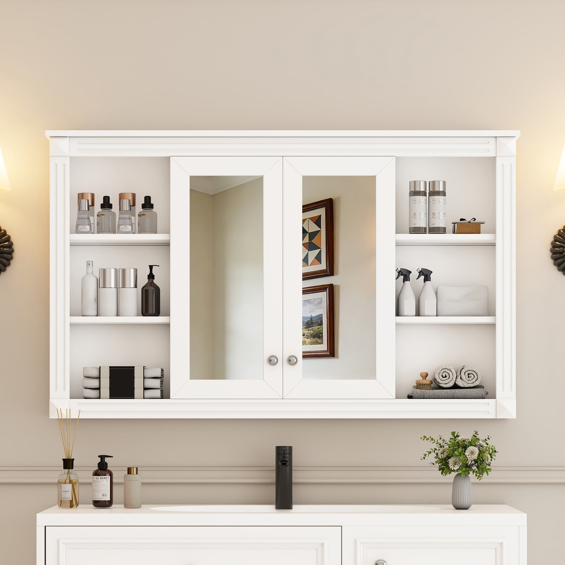 47 Inch Bathroom Mirror Cabinet with Storage, Adjustable Shelf and Open Shelves, Wall Mounted Medicine Cabinet for Bathroom, Bedroom, Vanity image 1