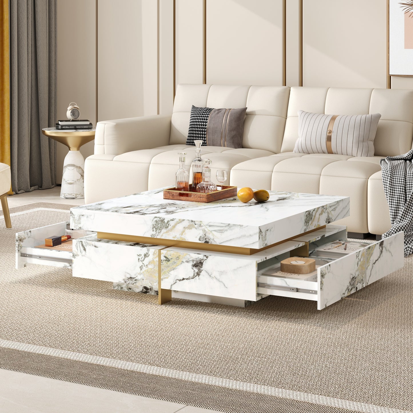 Modern Square Marble Textured Coffee table with 4 Drawers and Suspended Base, White, 43.3" image 2