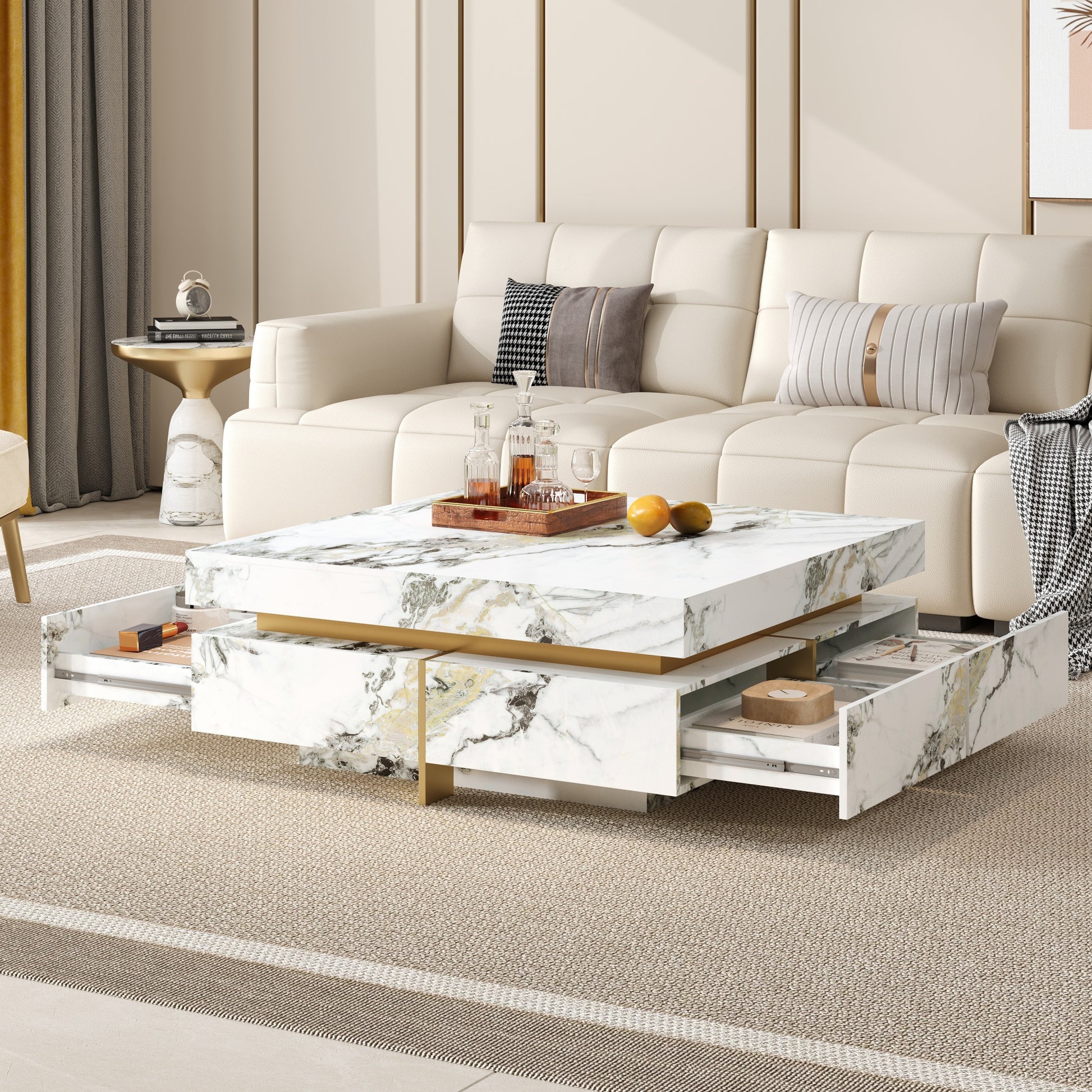 Modern Square Marble Textured Coffee table with 4 Drawers and Suspended Base, White, 43.3" image 2