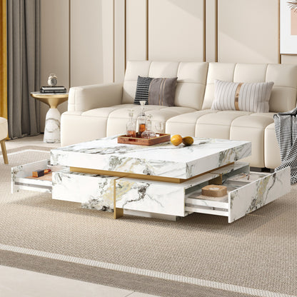 Modern Square Marble Textured Coffee table with 4 Drawers and Suspended Base, White, 43.3" image 2