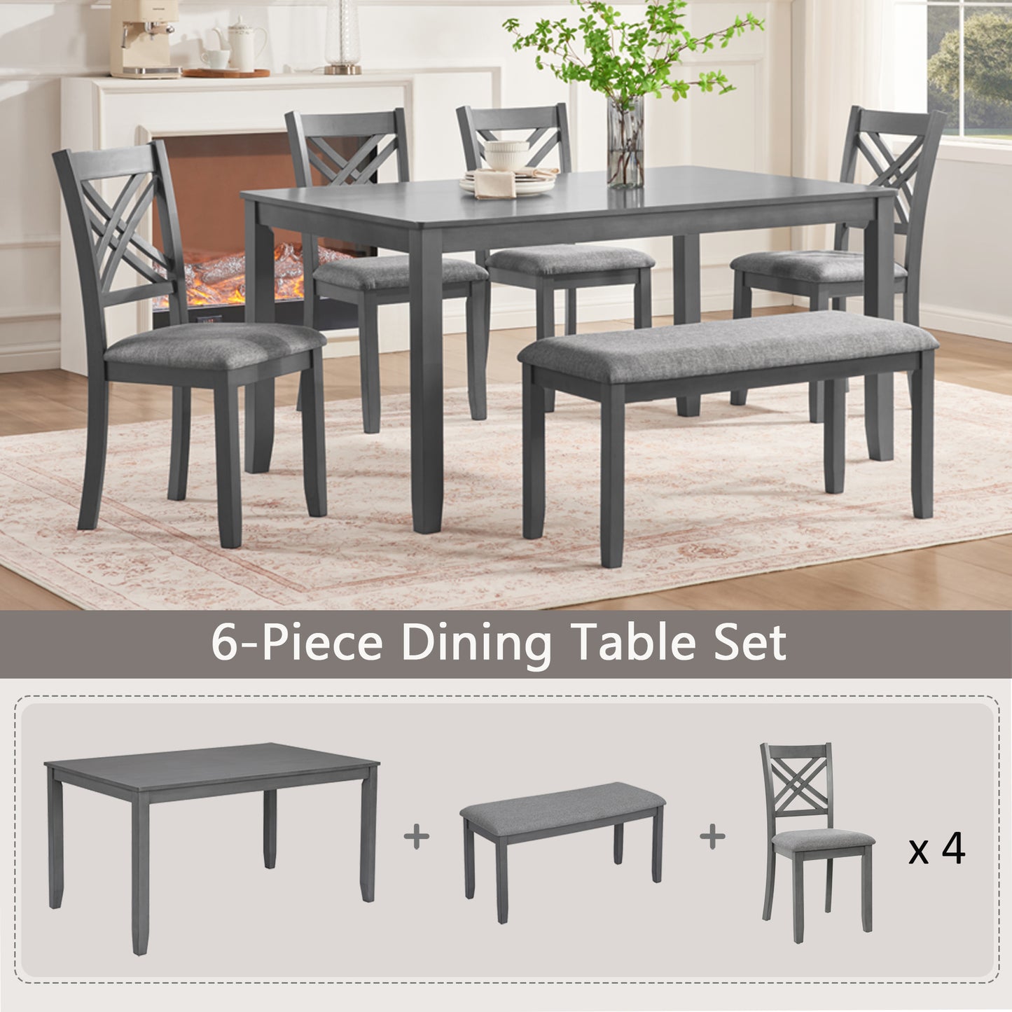 6 Piece Kitchen Dining Set, Rectangular Wooden Dining Table with 4 Upholstered Chairs and a Bench, Dining Table Set for 6 People, Living Room and Kitchen, Grey image 5