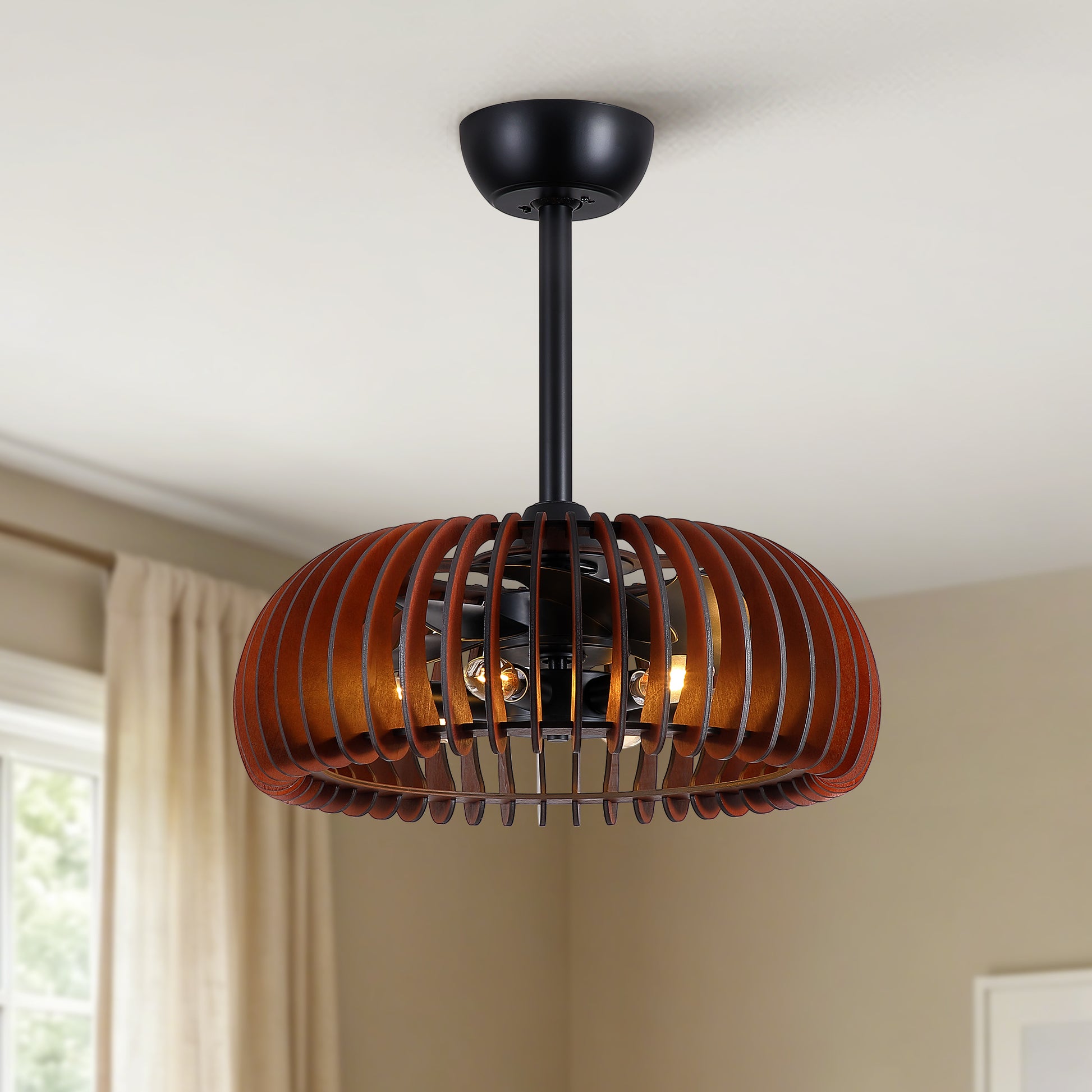 20" Pumpkin Wood Ceiling Fan, Rustic Farmhouse Plywood Fandelier with 6 E12 Sockets, Reversible DC Motor, Adjustable Hanging, 6 Speeds Remote Control Ceiling Fan for Dining Room Kitchen image 2