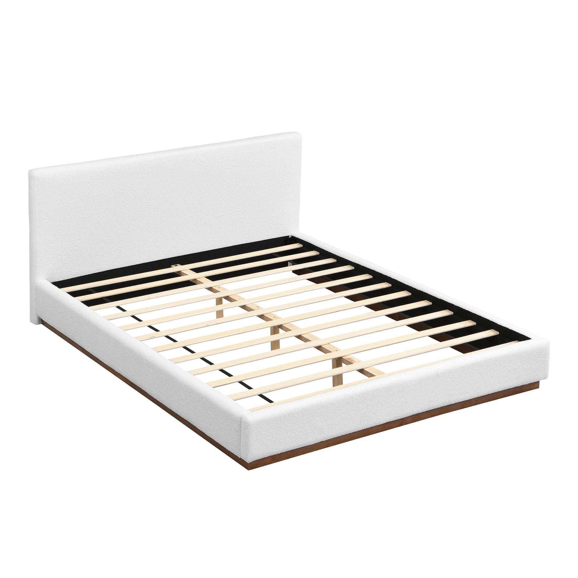 Elegant White Fabric Upholstered Bed With Nice Wood Grain Textured Brown Solid Wood Base Frame,White,Queen image 3