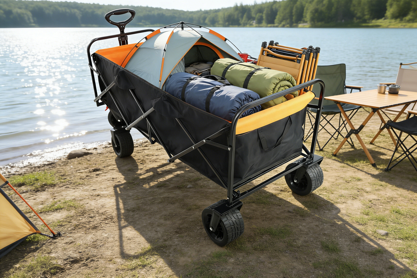 Big large capacity Folding cart Extra Long Extender Wagon Cart Folding Wagon Garden Shopping Beach Cart (black + orange) image 2
