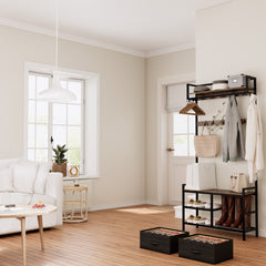 33.1" Wide Hall Tree with 2 Movable Drawers, Shoe Storage, Shelves and Garment Racks, 5-in-1 Entryway Bench with 23 Hooks (Fixed and Movable)