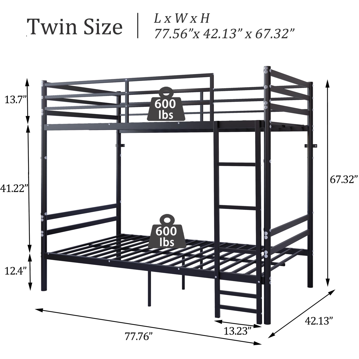 Bunk Bed Twin Over Twin for Kids/Teens/Adults Duty 2 Decker Bed with Flat Ladder, Metal Space Saver Bed with Stairs, Black image 2