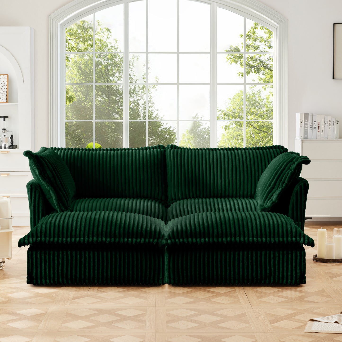 Slipcovered Sofa 2 Seater Sofa With 2 Ottomans, 2 Seater Sleeper Sofa Bed Home Theater Oversized Sofa For Living Room, Corduroy, Green image 2