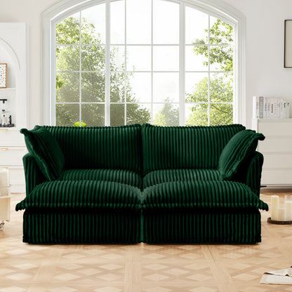Slipcovered Sofa 2 Seater Sofa With 2 Ottomans, 2 Seater Sleeper Sofa Bed Home Theater Oversized Sofa For Living Room, Corduroy, Green image 2
