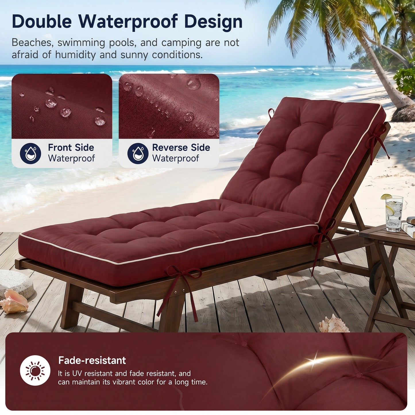 2 Pack 72x21 Inch Folding Chaise Lounge Cushion Quick Dry - Outdoor Sun Lounger Seat Pad with Shredded Foam for Patio Furniture, Deck Chairs, Poolside image 2