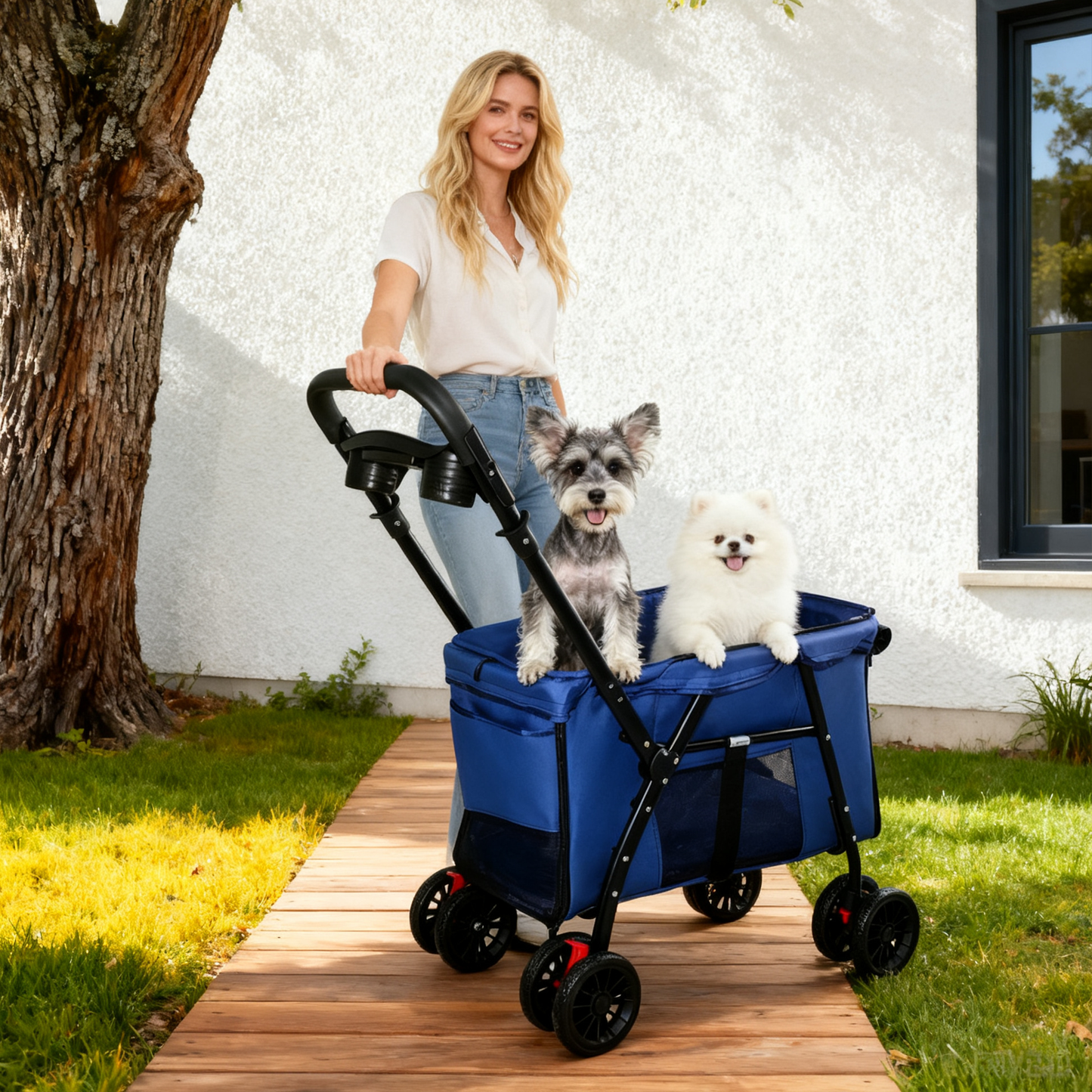 Pet Stroller, Foldable 4-Wheel Design, Breathable Mesh Dog Cat Stroller with Shockproof Wheels, Brake System, Storage Tray, 2 Fixed Safety Leashes, Large Space for Small Medium Pets, Navy Blue image 8
