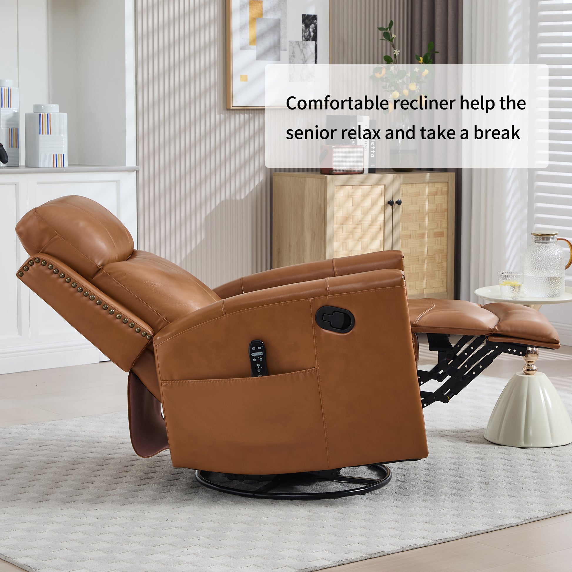 Orange Gnuine Leather Heat Massage Manual Recliner Chair with Rocker and Swivel for Living Room image 12