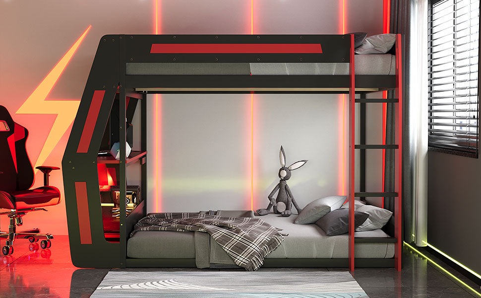 Full-Size Gaming Bunk Bed with Side-Mounted Oversized RGB Desk, USB Charging Ports & Cable Grommet, LED Light Strip, Heavy-Duty Esports Loft Frame – Cool Design-Red image 4