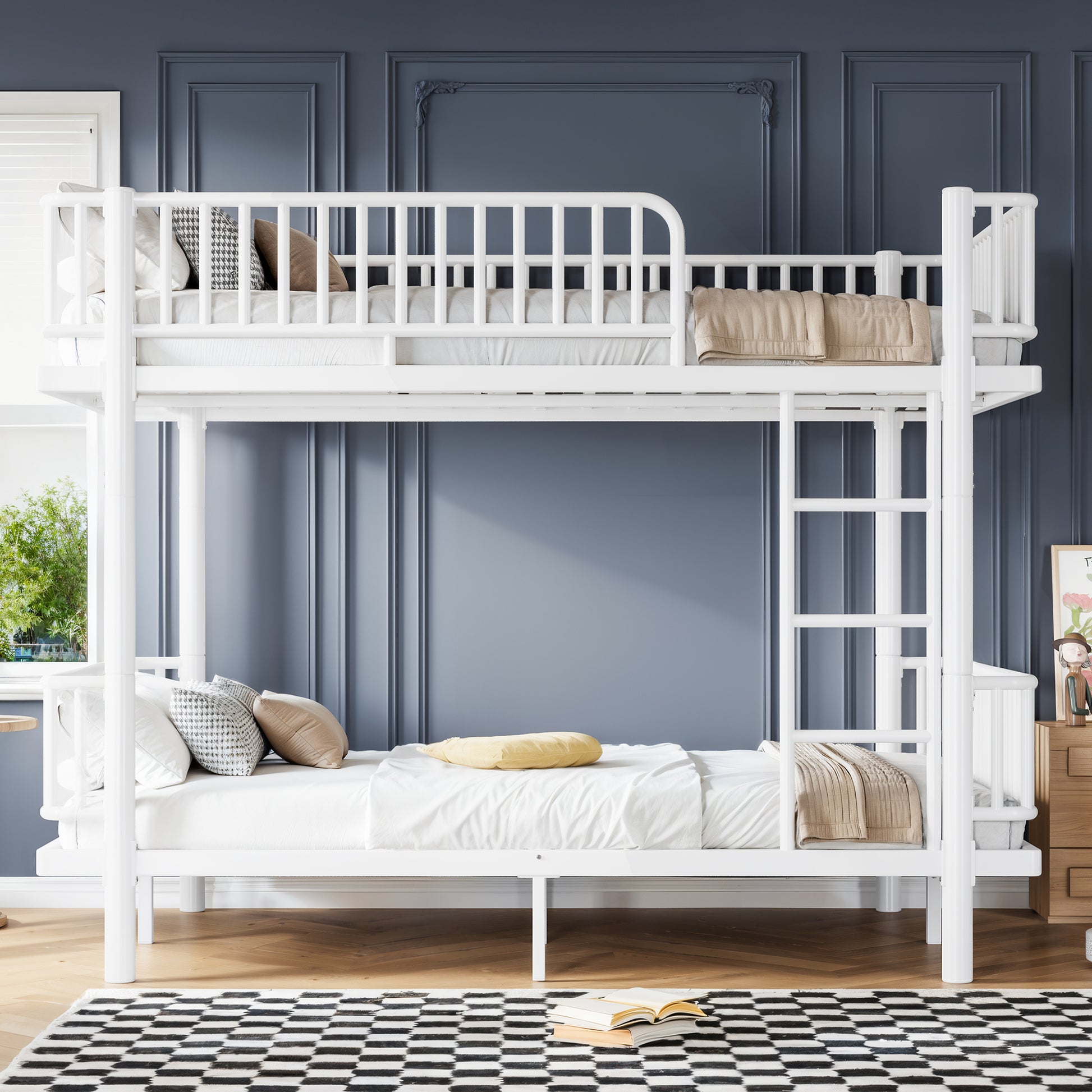 Queen over Queen Bunk Bed with Ladders & Guardrails, Metal Bunk Bed Frame with Upgraded Safety Round-Pipe Design, Can Transformed into 2 Platform Bed, White image 2