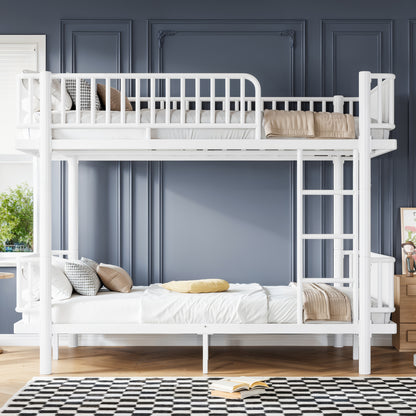 Queen over Queen Bunk Bed with Ladders & Guardrails, Metal Bunk Bed Frame with Upgraded Safety Round-Pipe Design, Can Transformed into 2 Platform Bed, White image 2