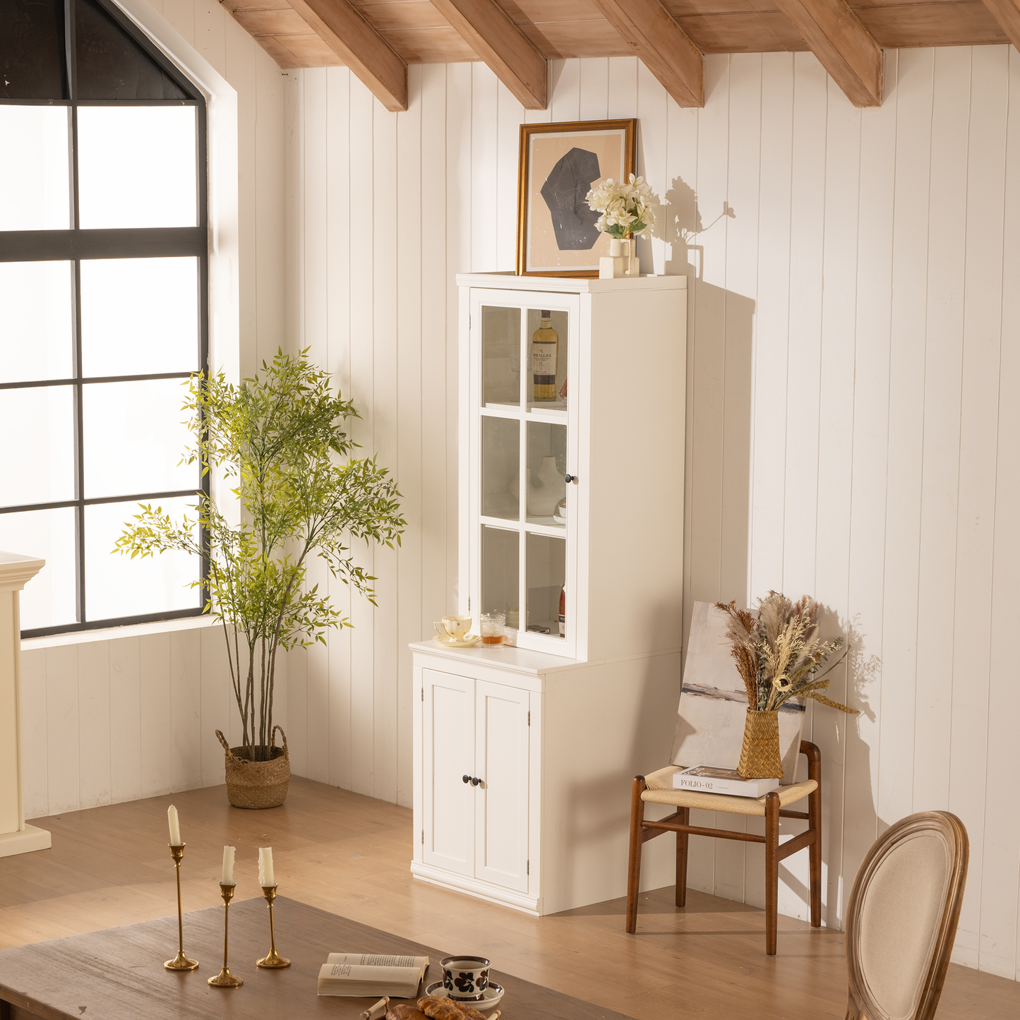 75.25'' Tall Freestanding Pantry Cabinet with Glass Door & Lattice Window, Farmhouse Display Cabinets with Storage, Hutch with Double-Action LH&RH Door, for Hallways, Livingroom Kitchen & Office,White image 7