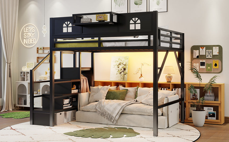 Full Size Loft Bed with Stairs, Metal Full Loft Bed with High and House Shaped Guardrails, High Loft Bed with Wardrobe for Kids Teens, black(Old SKUW2593S00055) image 6