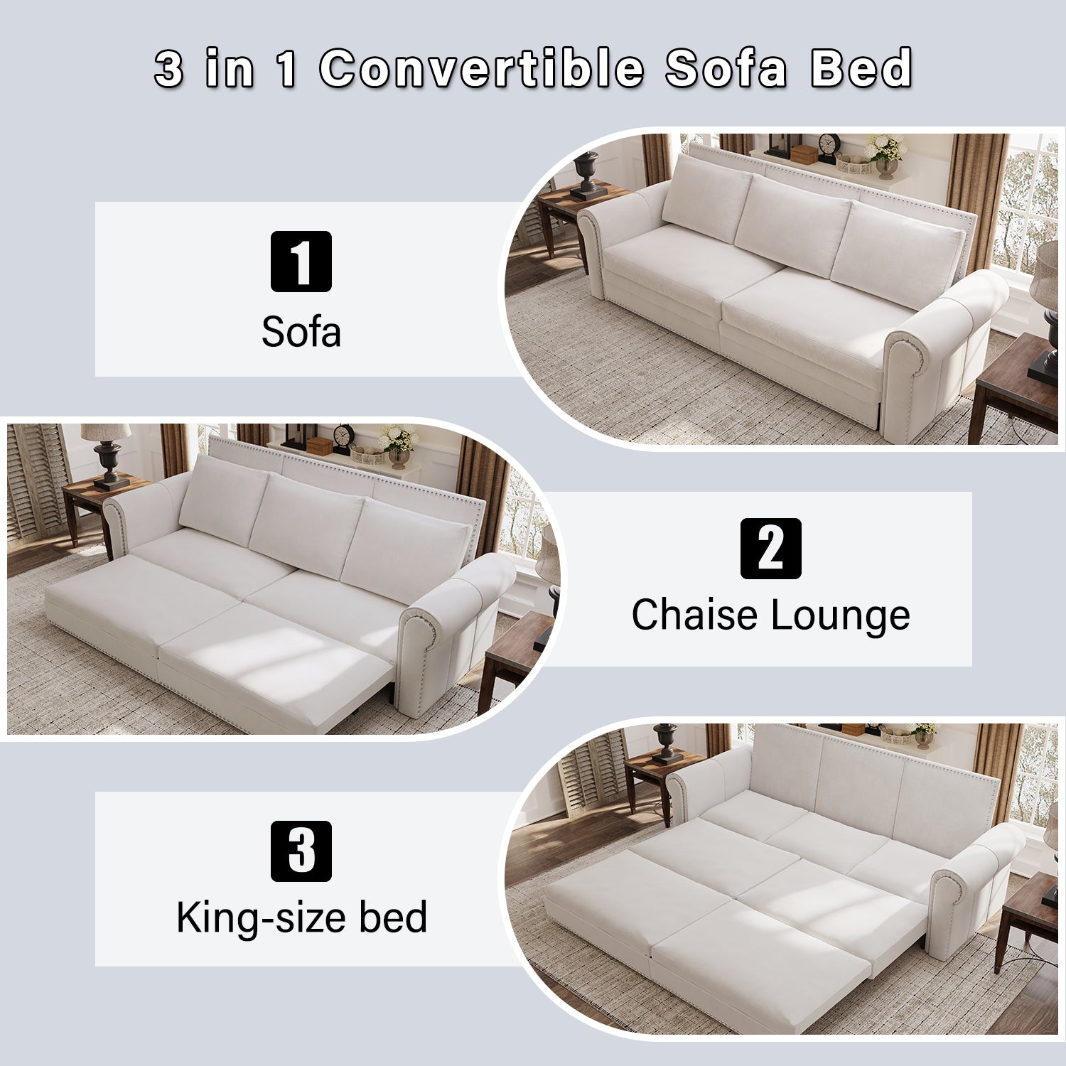 Chesterfield Sofa,93.7" King Pull Out Sofa Bed,3-in-1 Velvet Convertible Sleeper Sofa with Nailhead Trim & Rolled Arm,Multi-Functional Sofa Bed for Living Room,Bedroom,Beige/White(old sku:W1885S00036) image 7