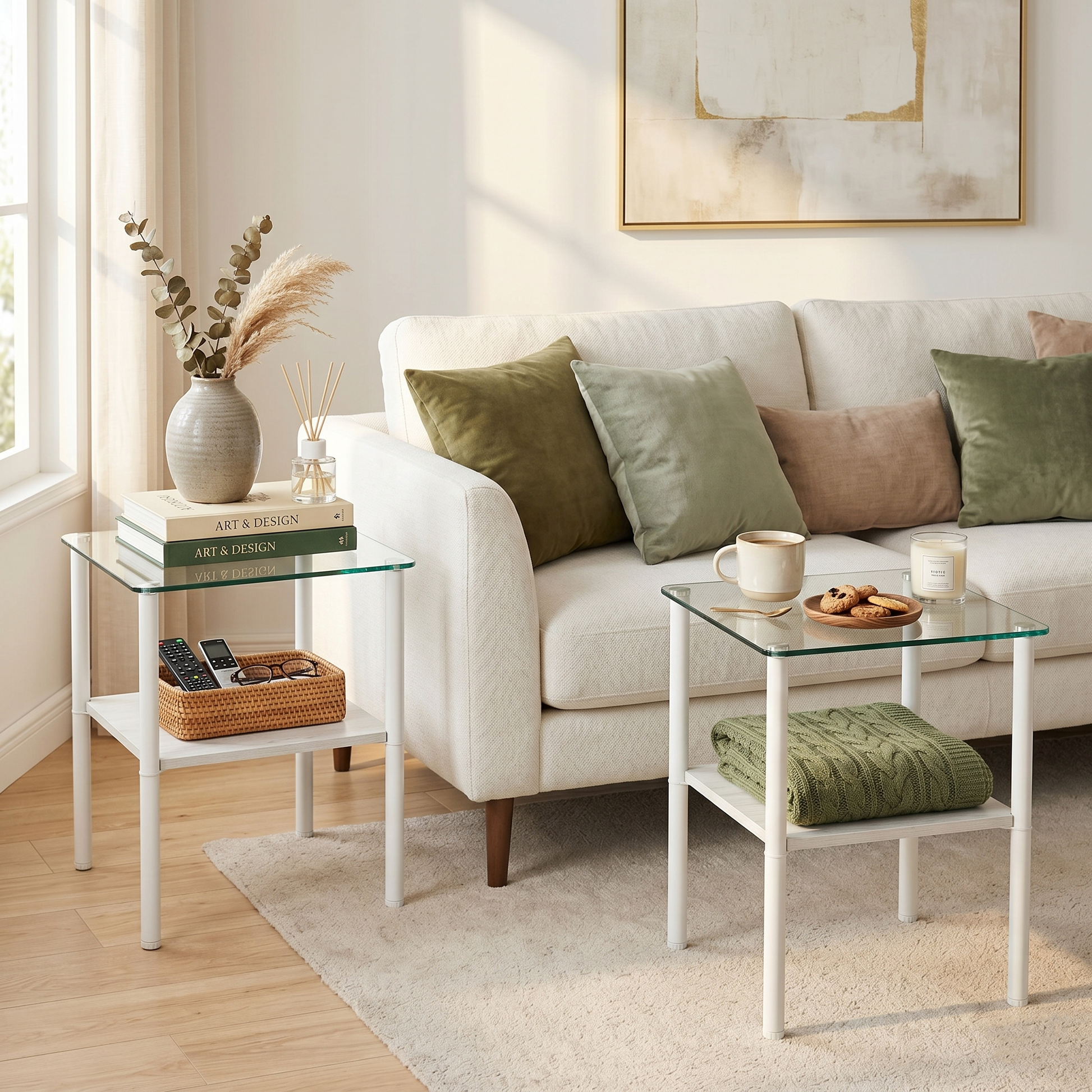 2-piece Modern Rectangular Glass Side Table, Tempered Glass Tabletop, MDF Storage Shelf & Metal Legs, Minimalist Sofa Side Table for Living Room & Bedroom image 3