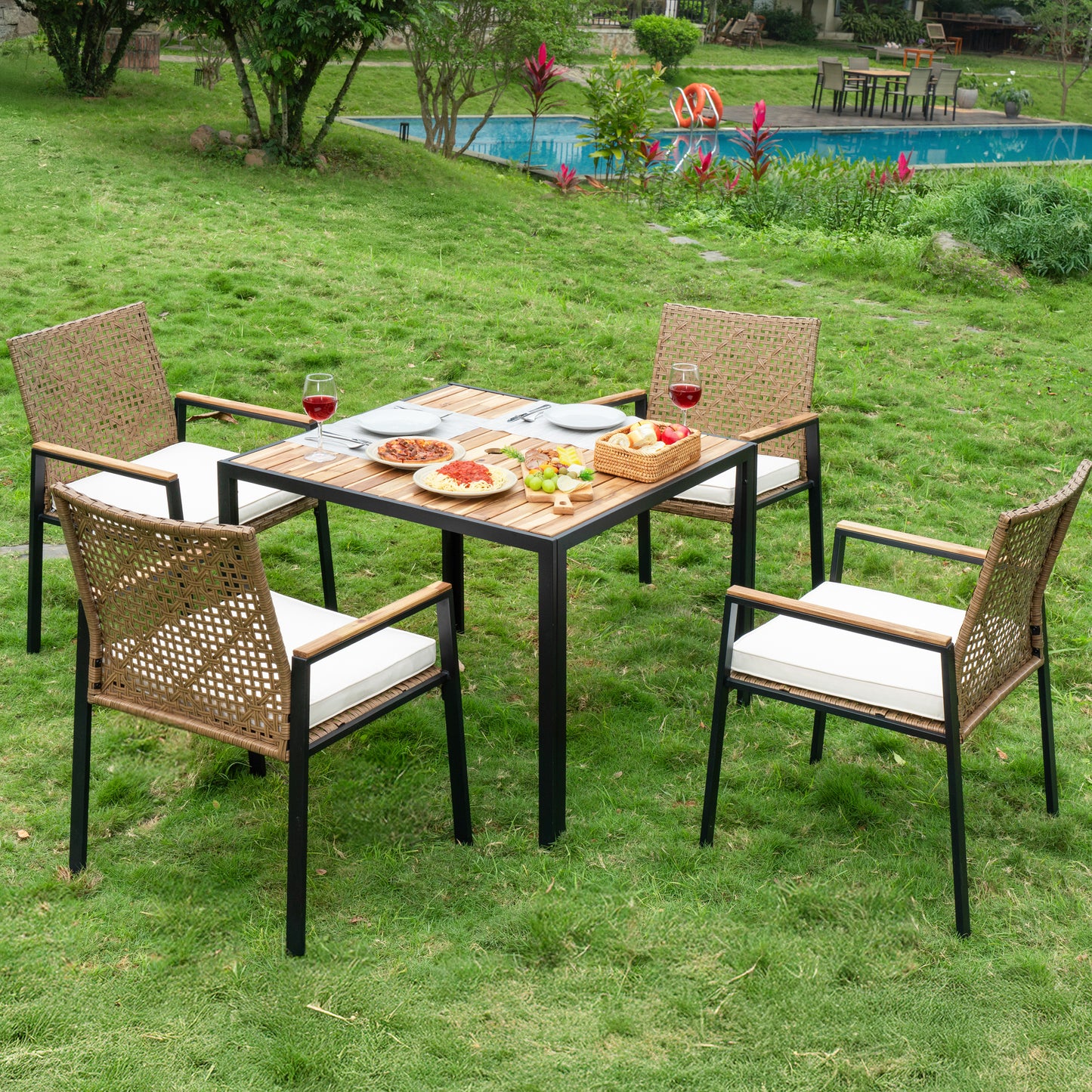 All Weather 5-Piece Patio Dining Table Sets, Patio Conversation Set Acacia Wood Table Top with Umbrella Hole, Rattan Outdoor, Yellow Color image 9