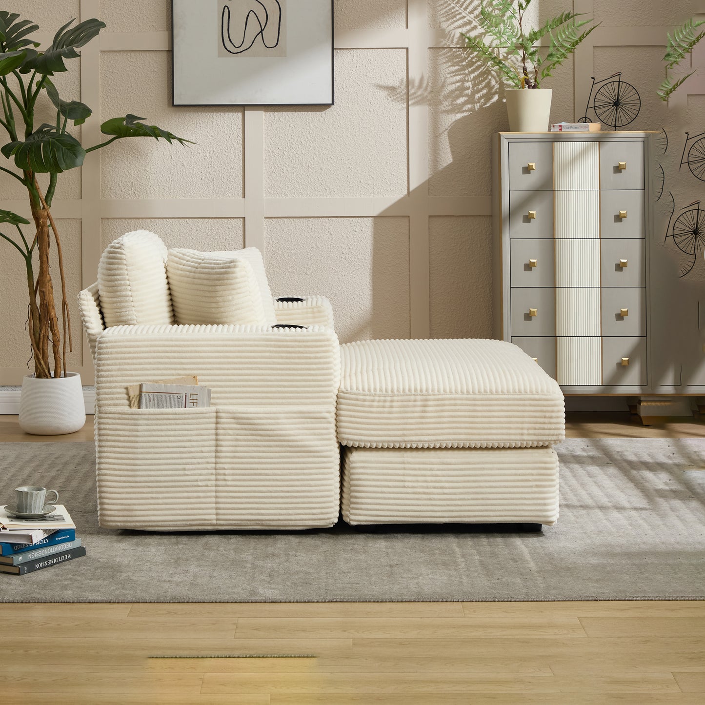[New]Corduroy Upholstered Chaise Lounge Sofa,Magazine bag,Detachable Cushions Deep Seat for Living Room Office,3 colour image 10