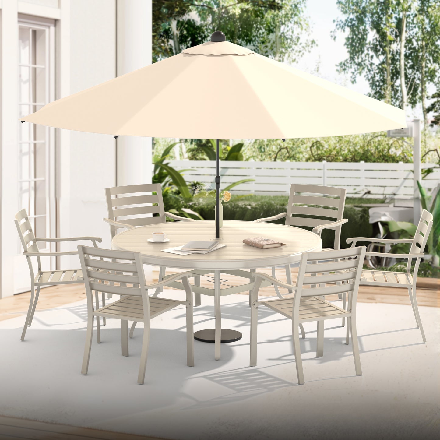 Outdoor Round Patio Dining Table for 6-7, All Weather Metal Dining Table with Umbrella Hole for Deck Lawn Garden Backyard, Sandstone Color image 10