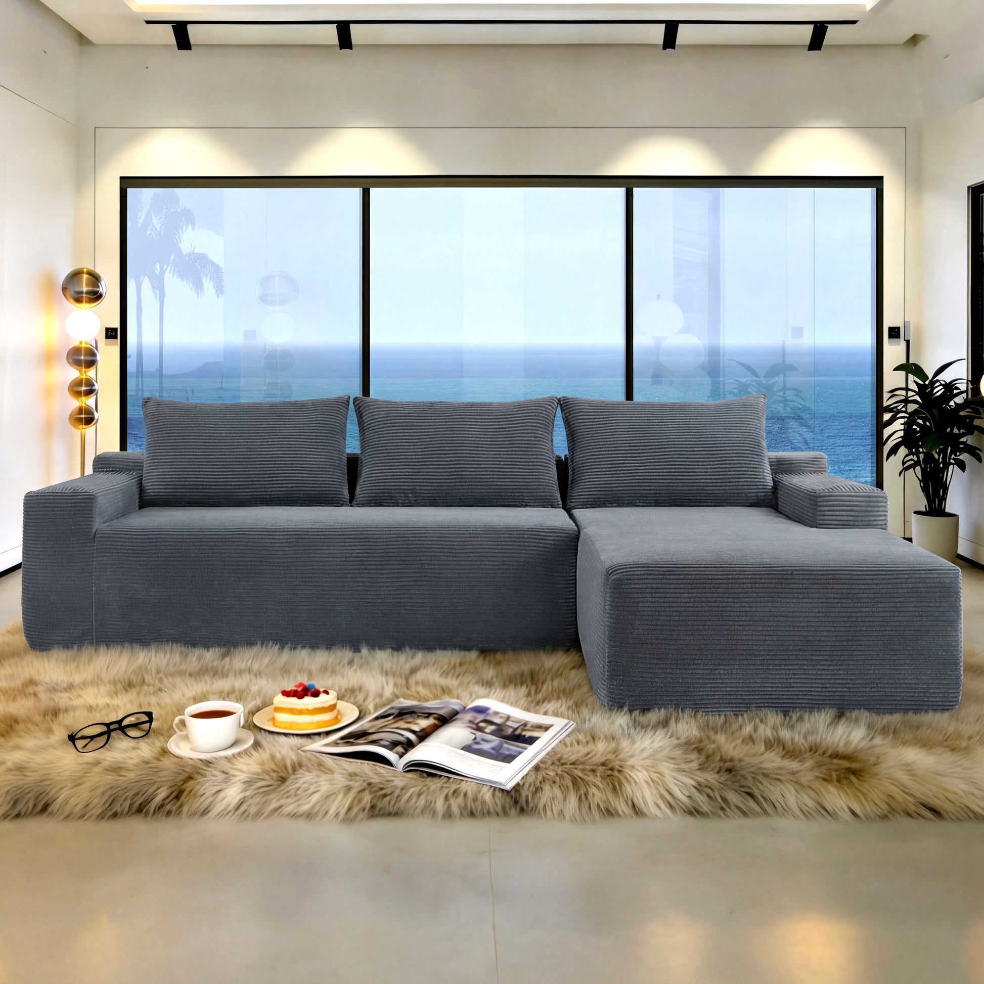 New2 96.9"Compressible doubleCloud Sectional Couch with L-Shape Chaise,Modern Modular Sofa with Deep Seat,Upholstered Couches for Living Room Bedroom,No Assembly Required, Corduroy Fabric,Grey Right image 1