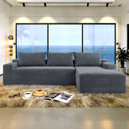 New2 96.9"Compressible doubleCloud Sectional Couch with L-Shape Chaise,Modern Modular Sofa with Deep Seat,Upholstered Couches for Living Room Bedroom,No Assembly Required, Corduroy Fabric,Grey Right image 1