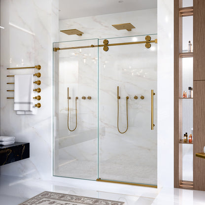 56"-60"W*72" H Frameless Single Sliding Shower Door – 5/16" (8mm) Clear Tempered Glass, Bypass Design with Brushed Gold Finish image 5