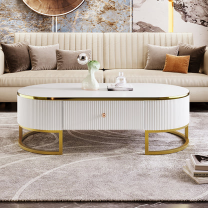 Modern Oval Coffee Table with Drawers,Curved Profile Design, Gold Metal Decor, Center Table for Living Room in 47.2" image 1
