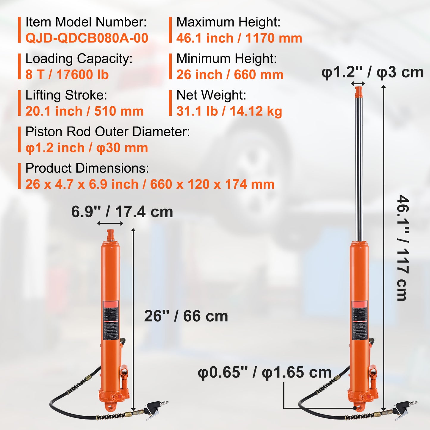 Hydraulic Long Ram Jack, 8 Ton Engine Hoist Cylinder with Air Pump and Single Piston Pump, Hydraulic Ram Cylinder Clevis Base for Engine Lift Hoists, Garage/Shop Cranes, Mechanical, Farm image 5