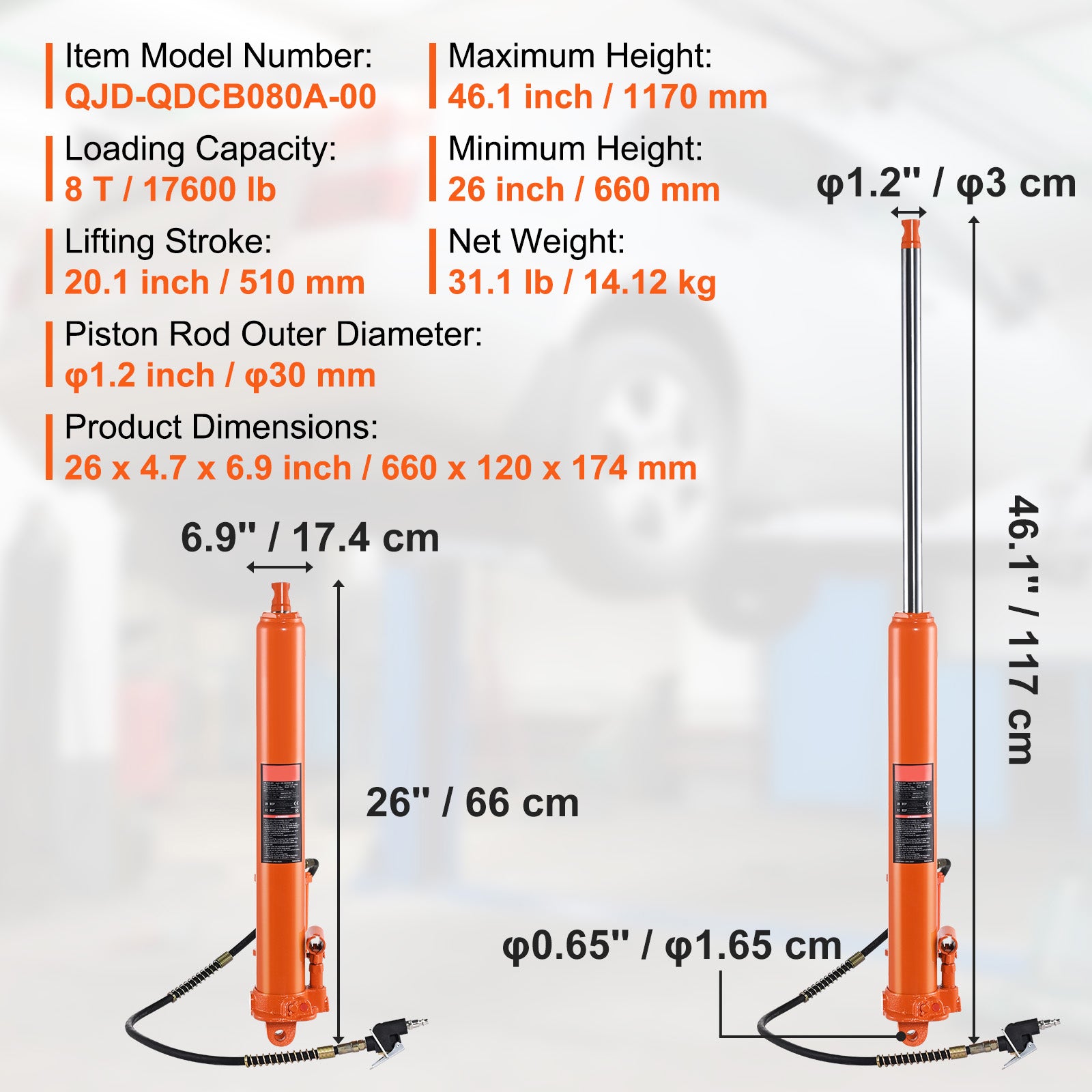 Hydraulic Long Ram Jack, 8 Ton Engine Hoist Cylinder with Air Pump and Single Piston Pump, Hydraulic Ram Cylinder Clevis Base for Engine Lift Hoists, Garage/Shop Cranes, Mechanical, Farm image 5