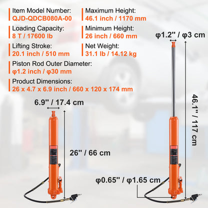 Hydraulic Long Ram Jack, 8 Ton Engine Hoist Cylinder with Air Pump and Single Piston Pump, Hydraulic Ram Cylinder Clevis Base for Engine Lift Hoists, Garage/Shop Cranes, Mechanical, Farm image 5