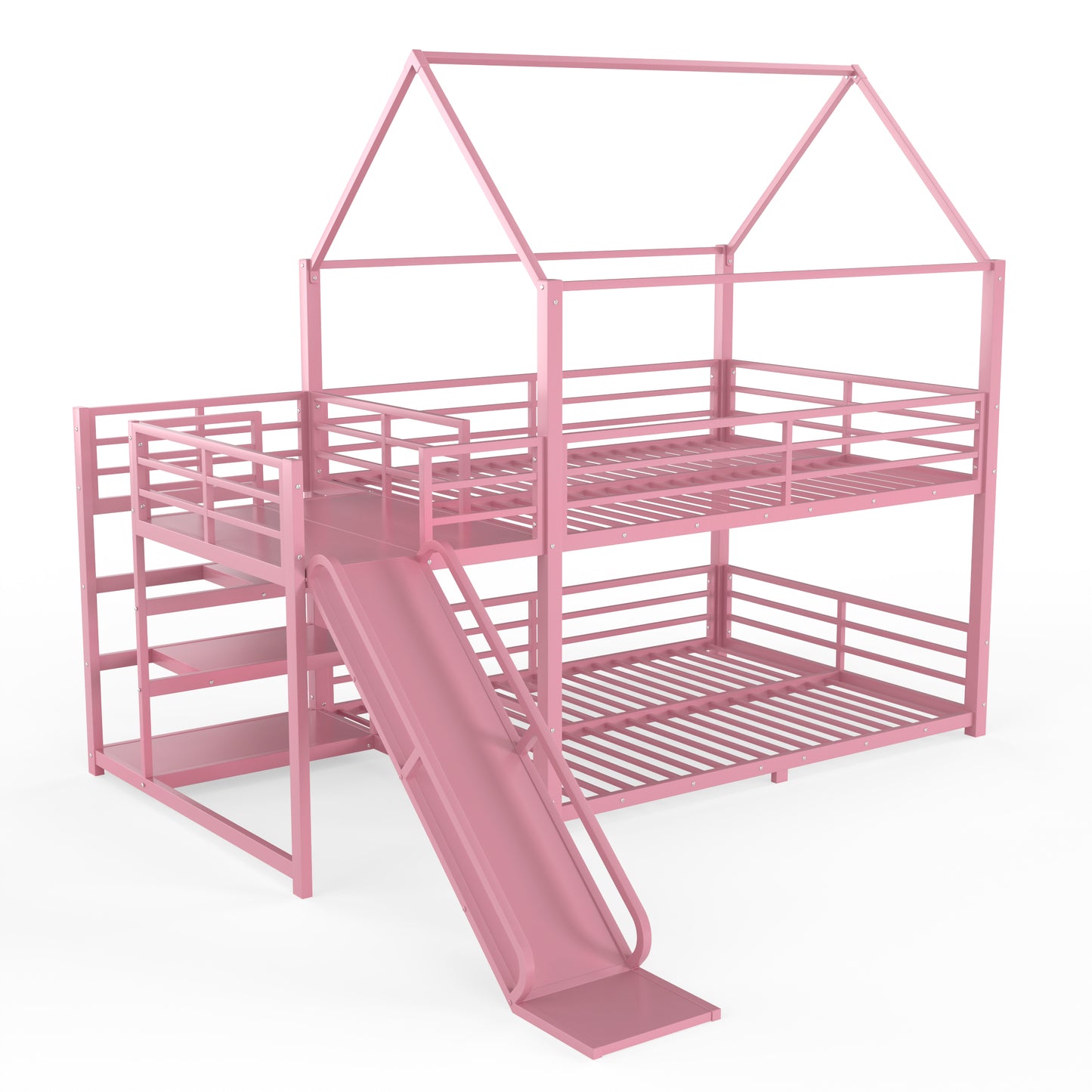 Full Metal House Bunk Bed with Storage Stairs, Slide, Safety Rails, Pink image 10