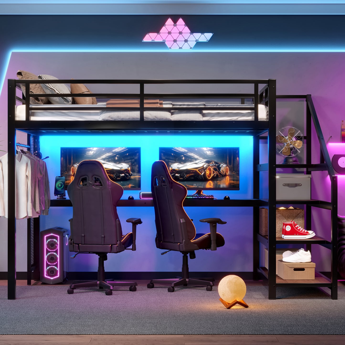 Full Loft Bed with Desk and Storage Stairs, Metal Loft Beds with LED Lights, USB Ports, Multifunctional Iron Nets, No Spring Box Needed and Noise-free, Black image 4