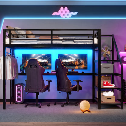 Full Loft Bed with Desk and Storage Stairs, Metal Loft Beds with LED Lights, USB Ports, Multifunctional Iron Nets, No Spring Box Needed and Noise-free, Black image 4