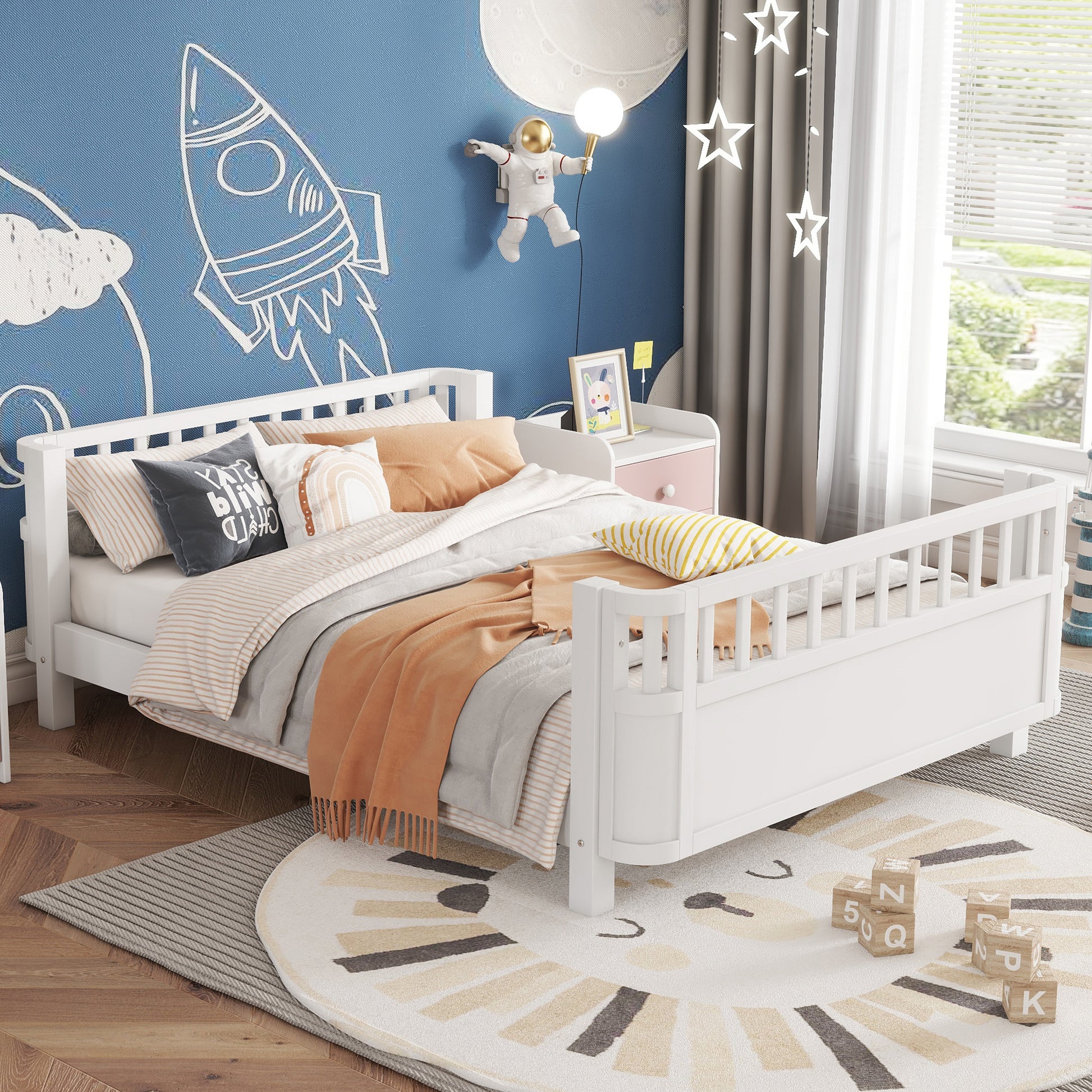 Full Size Wood Platform Bed for Kids, Wood Low Profile Full Bed with Rails for Girls and Boys, White (Patented Design, Old SKU W2593P233767) image 3