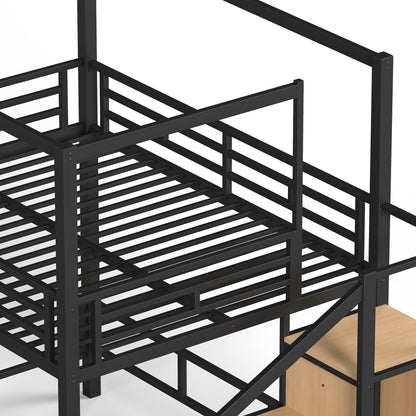 Full Loft Bed with Storage Stairs and Wardrobe, Metal Loft Bed with Canopy Frame, Ample Underbed Spaces Design, Black image 11