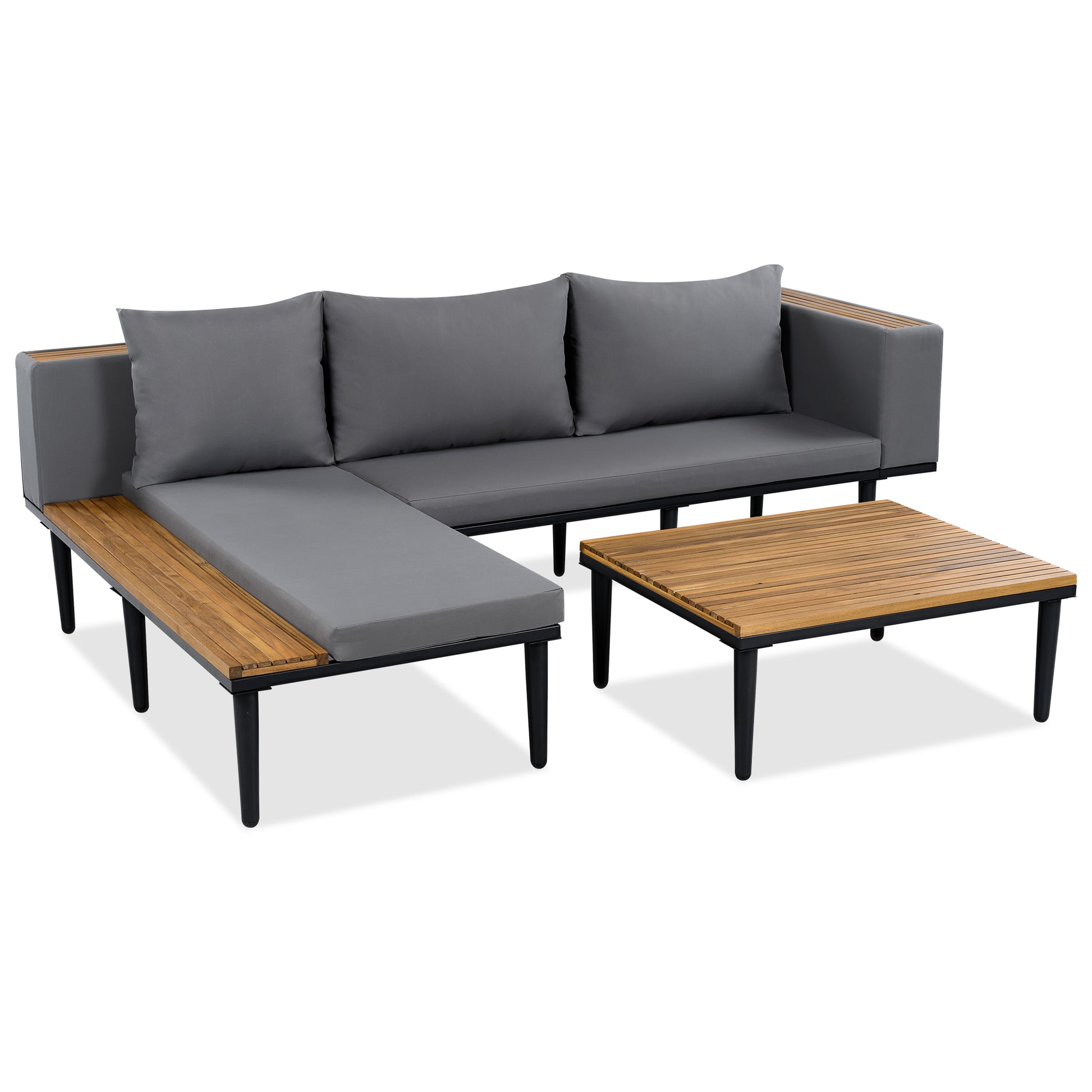 <Old SKU: N704G201251E> Luxury Patio Furniture Set with Removable Cushions and Coffee Table, L-Shaped Acacia Wood Sofa with Side table, Outdoor Conversation Sectional Sofa for Backyard, Porch, Gray image 6